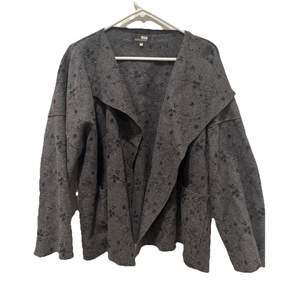 Eskandar Jacket Womens Size 1 Gray Wool Cashmere Black Floral Open Lagenlook